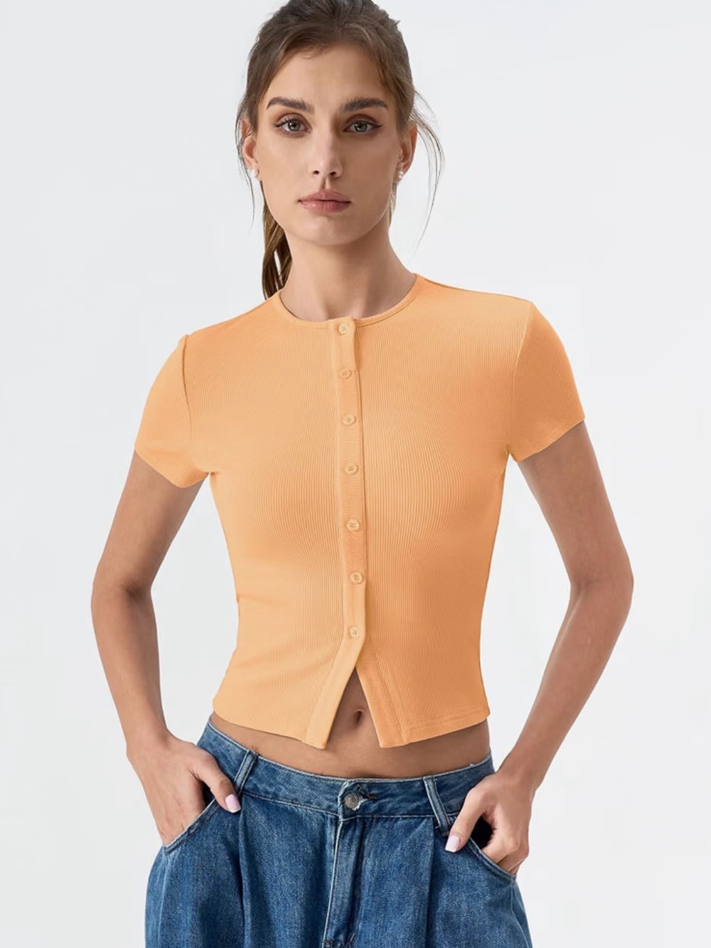 Women's Peach Ribbed Button-Front Short Sleeve Top